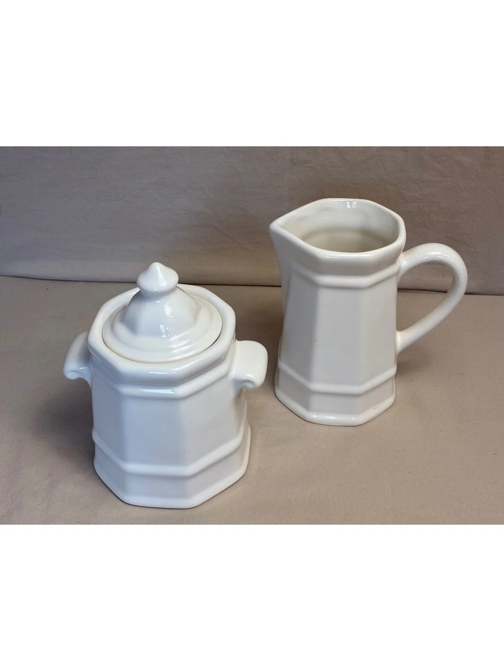 White Ceramic Sugar Bowl and Creamer Set with Lid
